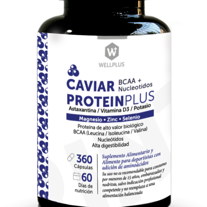 Caviar Protein Plus Astaxantina/Vitamina D3/Potasio Proteina de alto valor biologico. 360 cápsulas. Wellplus
