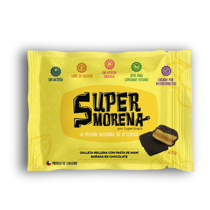Super Morena galleta rellena con pasta de maní, bañada en chocolate Supersnack