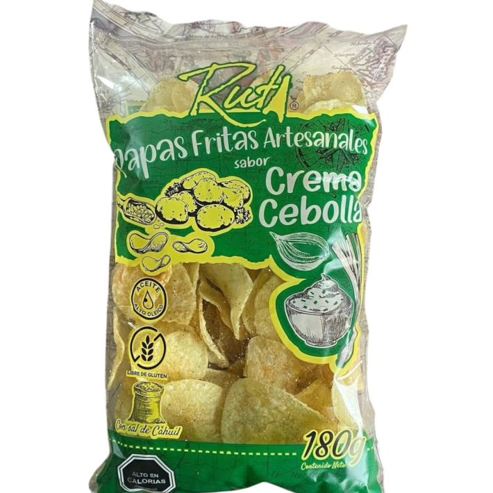 Papas fritas artesanales 180gr sabor crema cebolla sin gluten con aceite alto oleico y sal de cahuil